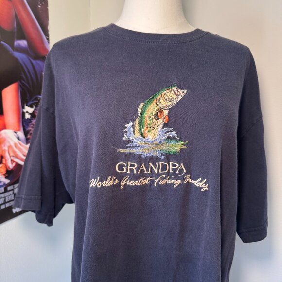 Vintage Embroidered Grandpa World's Greatest Fishing Buddy Navy Short Sleeve Tee - Picture 3 of 11